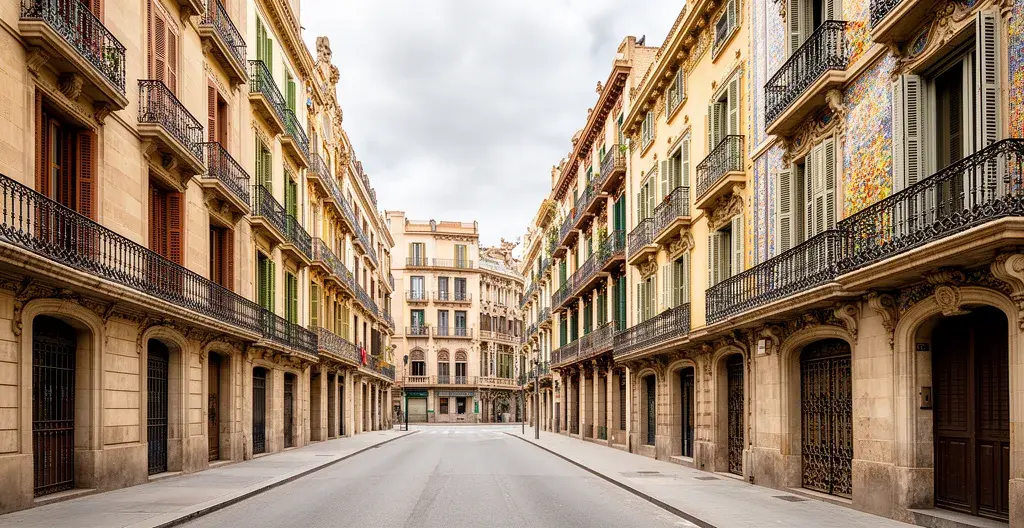 Calle residencial de Barcelona mostrando fachadas con balcones de hierro forjado