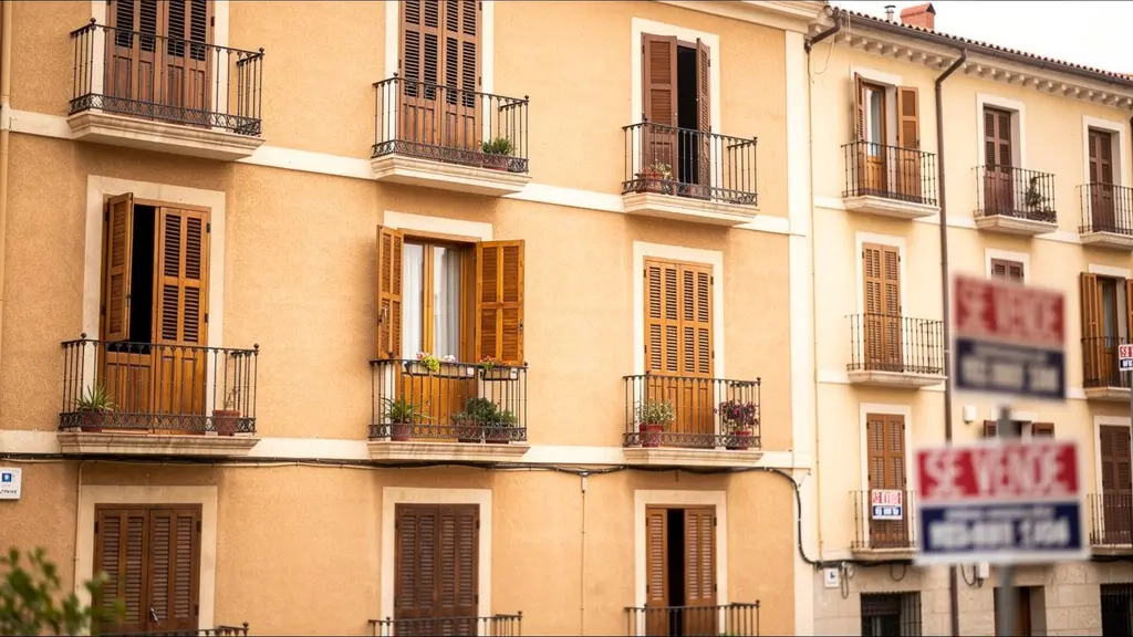 Fachada de edificio de apartamentos típico español con balcones y persianas en barrio residencial
