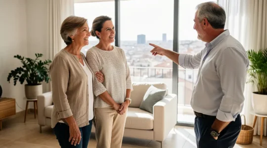 Pareja española visitando un piso con agente inmobiliario en salón luminoso
