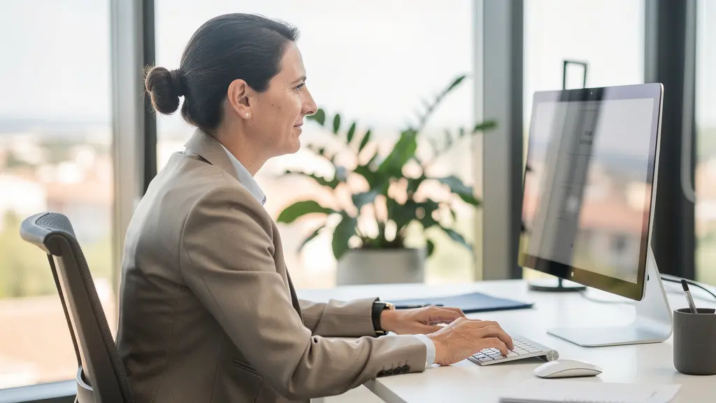 Profesional inmobiliario español trabajando en oficina moderna consultando ordenador