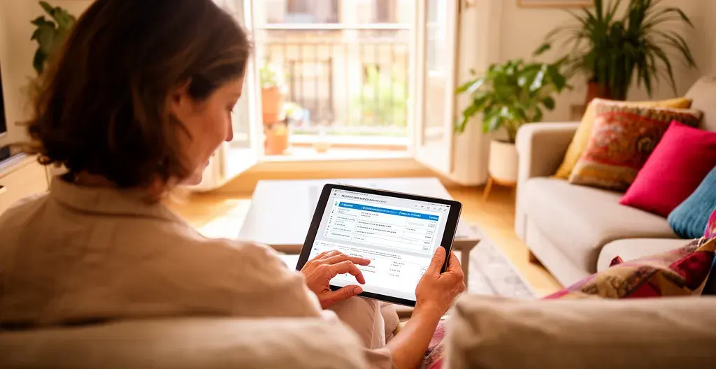 Propietaria barcelonesa consultando la valoración de su vivienda en tablet desde el salón