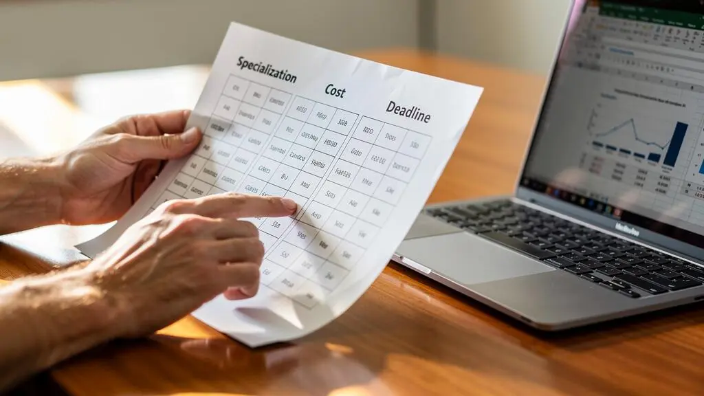 Gestos de comparación de datos y criterios en una hoja de cálculo impresa.