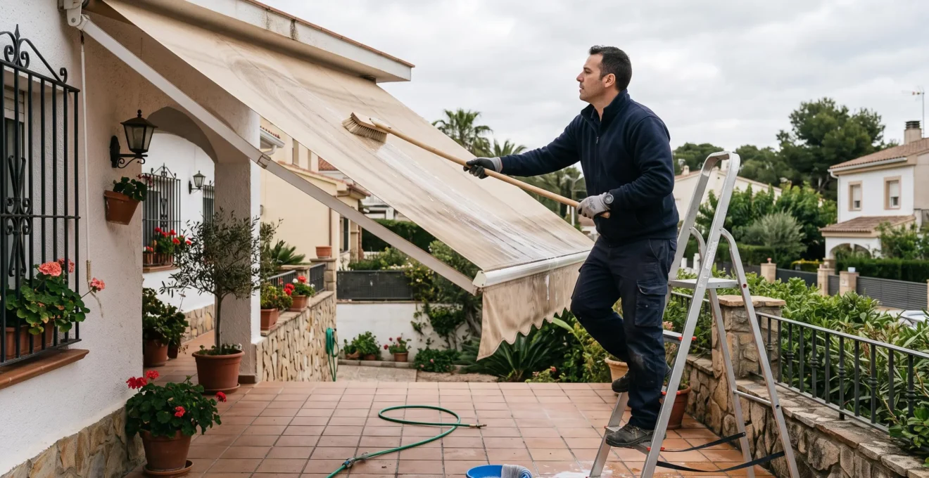 Un profesional limpia la lona del toldo extendido desde una escalera
