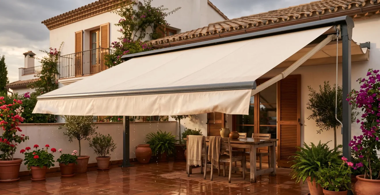 Toldo de dos aguas extendido sobre una terraza mojada tras la lluvia