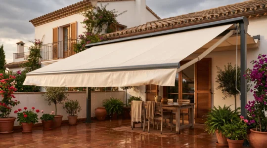 Toldo de dos aguas extendido sobre una terraza mojada tras la lluvia